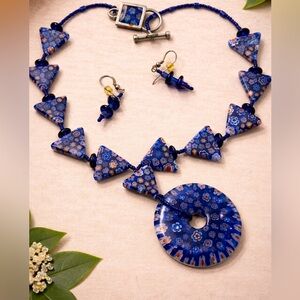 Blue Millefori Glass Necklace Earrings Set Donut Pendant Triangle Beads